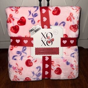 Valentines Pink Cherry Hearts with Bows Queen Plush Throw Blanket